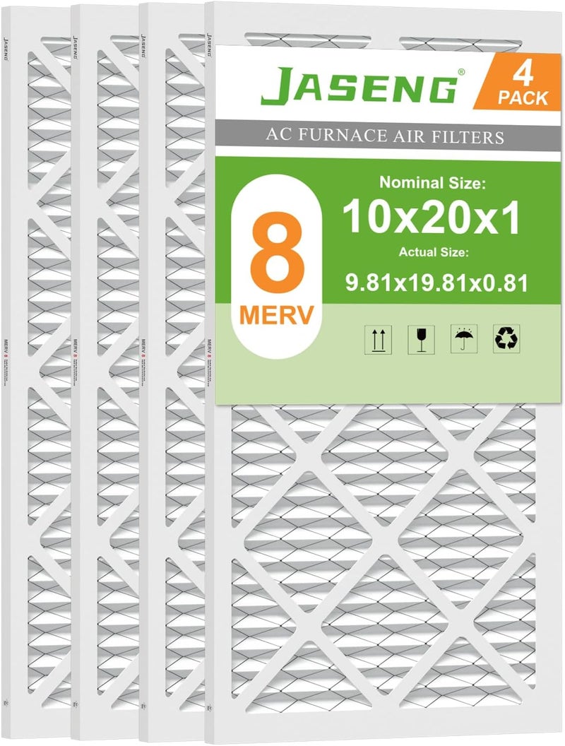 JASENG Furnace Filters 10x20x1 MERV 8, MPR 600, Air Filter (4 Pack) for HVAC, AC Furnace - Actual Size: 9.75"x19.75"x0.75" - Image 1